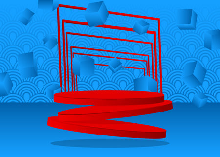 Blue and Red mockup cylinder pedestal podium. Abstract 3D product display. Realistic vector stage showcase for presentation. Minimal geometric forms, empty scene.のイラスト素材
