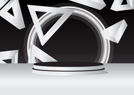 Black and White product display empty scene. Abstract Mockup vector 3D room. Stage showcase, cylinder pedestal podium for presentation. Futuristic Sci-fi minimal geometric forms.のイラスト素材