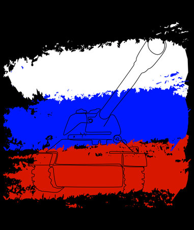 One continuous line of tank or armored vehicle with flags color in the background. Thin Line Illustration vector concept. Contour Drawing Creative ideas.のイラスト素材