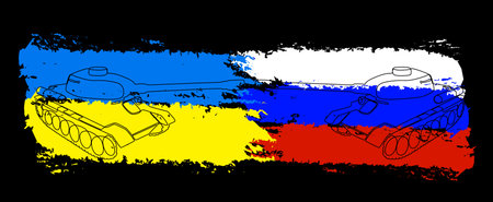 One continuous line of tank or armored vehicle with flags color in the background. Thin Line Illustration vector concept. Contour Drawing Creative ideas.のイラスト素材