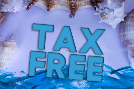 Animal Shell, Summer vacation, marine background with Tax Free text.の写真素材