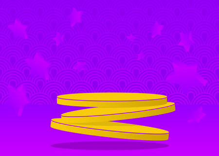 Purple and yellow cylinder pedestal podium. Abstract stage showcase for presentation. Futuristic vector 3D room. Mockup product display with Sci-fi minimal geometric forms, empty scene.のイラスト素材