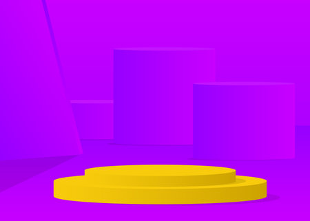 Purple and yellow cylinder pedestal podium. Abstract stage showcase for presentation. Futuristic vector 3D room. Mockup product display with Sci-fi minimal geometric forms, empty scene.のイラスト素材
