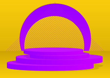 Purple and yellow cylinder pedestal podium. Abstract stage showcase for presentation. Futuristic vector 3D room. Mockup product display with Sci-fi minimal geometric forms, empty scene.のイラスト素材