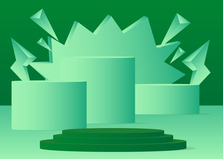 Green and Turquoise Sci-fi pedestal podium. Realistic product display. Mockup stage showcase. Futuristic vector 3D room with minimal geometric forms, empty scene.のイラスト素材