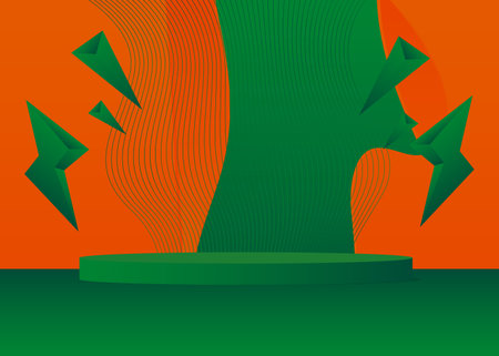 Futuristic Green and Orange stage showcase for presentation. Realistic mockup product display. Abstract Sci-fi vector 3D room. Minimal geometric cylinder pedestal podium, empty scene.のイラスト素材