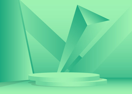 Futuristic Turquoise Mockup product display. Geometric forms, empty scene. Abstract Sci-fi vector 3D room, cylinder pedestal podium. Minimal Stage showcase for presentation.のイラスト素材