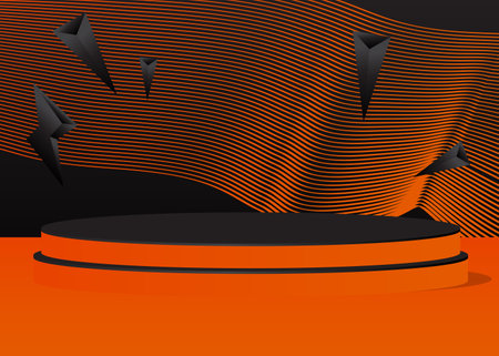 Black and Orange colored product display. Abstract vector 3D Mockup, pedestal podium. Stage showcase for presentation. Futuristic Sci-fi minimal geometric forms, empty scene.のイラスト素材