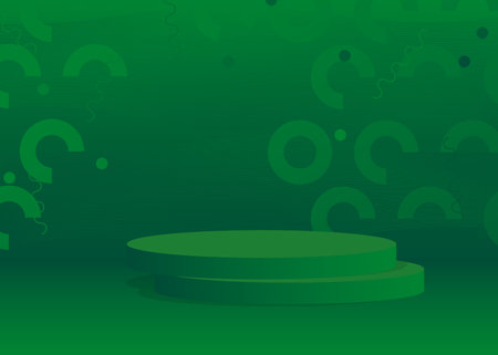 Green sci-fi stage showcase. Abstract Futuristic vector 3D room. Minimal geometric cylinder pedestal podium. Mockup product display, empty scene for presentation.のイラスト素材