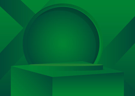 Green sci-fi stage showcase. Abstract Futuristic vector 3D room. Minimal geometric cylinder pedestal podium. Mockup product display, empty scene for presentation.のイラスト素材
