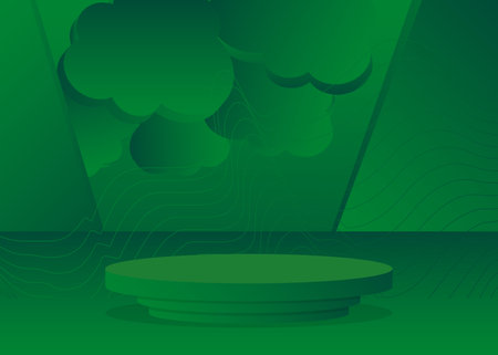 Green sci-fi stage showcase. Abstract Futuristic vector 3D room. Minimal geometric cylinder pedestal podium. Mockup product display, empty scene for presentation.のイラスト素材