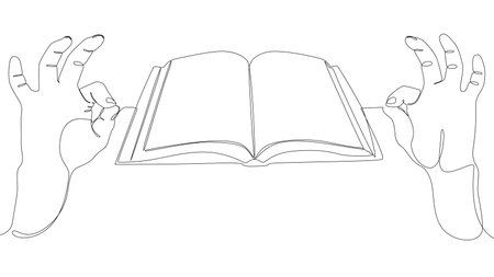 One continuous line of hand with Book. Thin Line Illustration vector concept. Contour Drawing Creative ideas.のイラスト素材