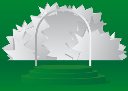Green and white Sci-fi vector 3D product display. Abstract Stage showcase. Futuristic room, cylinder pedestal podium. Mockup for presentation. Minimal geometric forms, empty scene.のイラスト素材