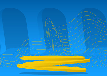 Blue and yellow fantastic minimal geometric product display mockup. Abstract stage, cylinder pedestal podium. 3D showcase room for presentation, empty scene.のイラスト素材