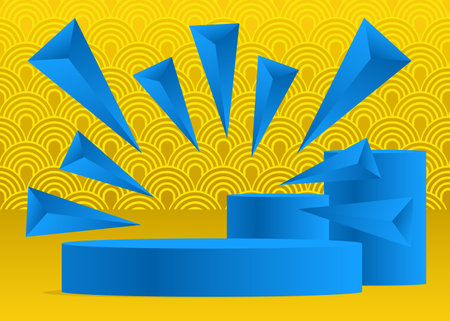 Blue and yellow fantastic minimal geometric product display mockup. Abstract stage, cylinder pedestal podium. 3D showcase room for presentation, empty scene.のイラスト素材