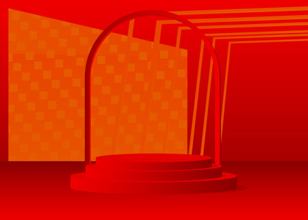 Orange and red cylinder pedestal podium. Stage showcase minimal geometric forms, empty scene. Futuristic vector 3D room mockup product display. Abstract Sci-fi presentation.のイラスト素材