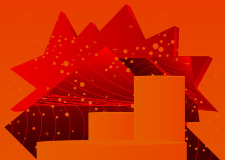 Orange and red cylinder pedestal podium. Stage showcase minimal geometric forms, empty scene. Futuristic vector 3D room mockup product display. Abstract Sci-fi presentation.のイラスト素材