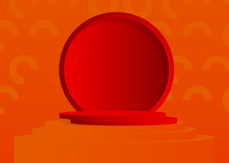Orange and red cylinder pedestal podium. Stage showcase minimal geometric forms, empty scene. Futuristic vector 3D room mockup product display. Abstract Sci-fi presentation.のイラスト素材