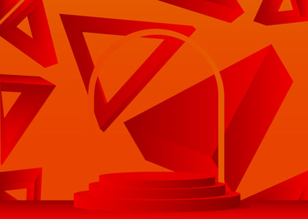Orange and red cylinder pedestal podium. Stage showcase minimal geometric forms, empty scene. Futuristic vector 3D room mockup product display. Abstract Sci-fi presentation.のイラスト素材