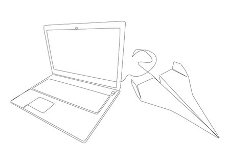 One continuous line of Laptop and Paper Airplane . Thin Line Illustration vector concept. Contour Drawing Creative ideas.のイラスト素材