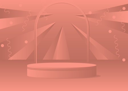 Light Red 3D product display. Cylinder stage showcase for presentation. Realistic vector room mockup. Abstract pedestal podium, minimal geometric forms, empty scene.のイラスト素材