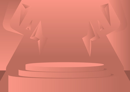 Light Red 3D product display. Cylinder stage showcase for presentation. Realistic vector room mockup. Abstract pedestal podium, minimal geometric forms, empty scene.のイラスト素材