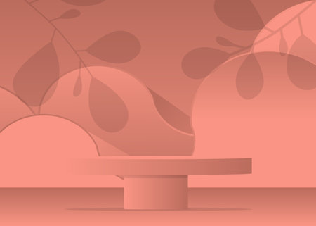 Light Red 3D product display. Cylinder stage showcase for presentation. Realistic vector room mockup. Abstract pedestal podium, minimal geometric forms, empty scene.のイラスト素材