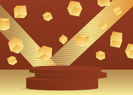 Brown and Gold cylinder pedestal podium. Abstract Mockup product display. Minimal geometric stage showcase for presentation. Realistic vector 3D forms, empty scene.のイラスト素材