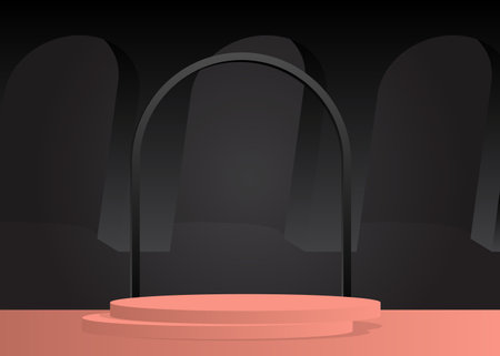Black and Light Red Cylinder stage showcase. Realistic pedestal podium for presentation. 3D vector room mockup. Abstract minimal geometric product display forms, empty scene.のイラスト素材
