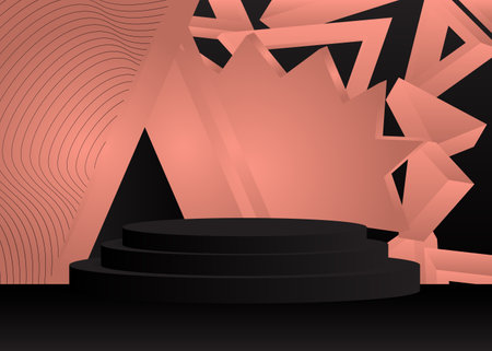 Black and Light Red Cylinder stage showcase. Realistic pedestal podium for presentation. 3D vector room mockup. Abstract minimal geometric product display forms, empty scene.のイラスト素材
