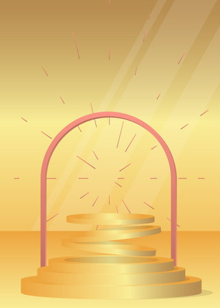 Gold and Light Red pedestal podium. Realistic cylinder stage showcase for presentation. Abstract Mockup product display. Vector futuristic room. Luxury minimal geometric forms, empty scene.のイラスト素材