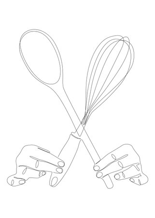 One continuous line of hand holding Wire Whisk and Wooden Spoon. Thin Line Illustration vector concept. Contour Drawing Creative ideas.のイラスト素材