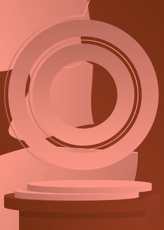 Light red and brown cylinder pedestal podium. Abstract mockup stage showcase for presentation. Minimal geometric forms, product display empty scene.のイラスト素材