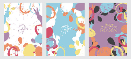 Happy Easter Poster Set. Trendy Holiday invitation design collection. Elegant greeting card with painted eggs. Modern minimal template in pastel colors.のイラスト素材