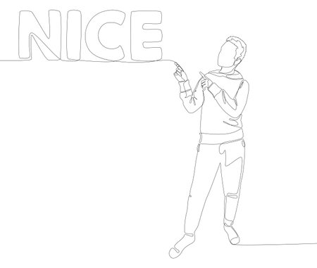One continuous line of Man pointing with finger at Nice word. Thin Line Illustration vector concept. Contour Drawing Creative ideas.のイラスト素材