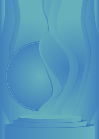 Blue Mockup product display. 3D Stage showcase for presentation. Abstract cylinder pedestal podium. Sci-fi minimal geometric forms, empty room scene.のイラスト素材