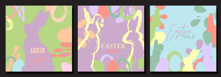 Easter Sale Poster Set with big rabbits and eggs. Elegant Holiday offer design collection. Discount with painted bunny and egg. Modern minimal template in pastel colors.のイラスト素材