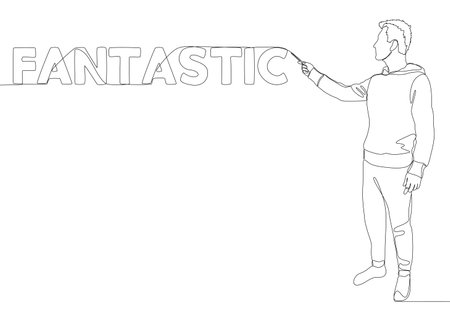 One continuous line of Man pointing with finger at Fantastic word. Thin Line Illustration vector concept. Contour Drawing Creative ideas.のイラスト素材