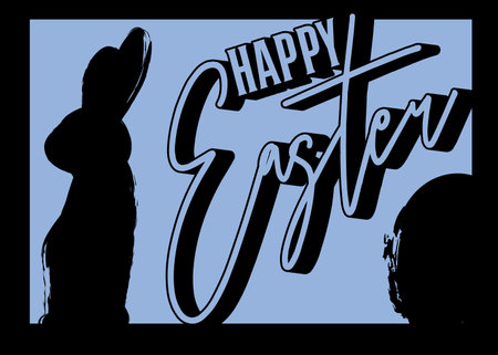 Happy Easter Poster with shadow of a big rabbit and eggs. Elegant Dark Holiday invitation design. Greeting card with black painted bunny.のイラスト素材