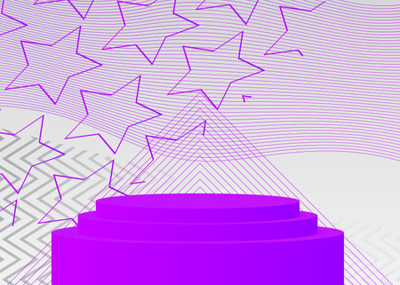 Futuristic White and Purple Stage showcase, cylinder pedestal podium. Sci-fi minimal abstract vector 3D room. Mockup product display geometric forms, empty scene for presentation.のイラスト素材