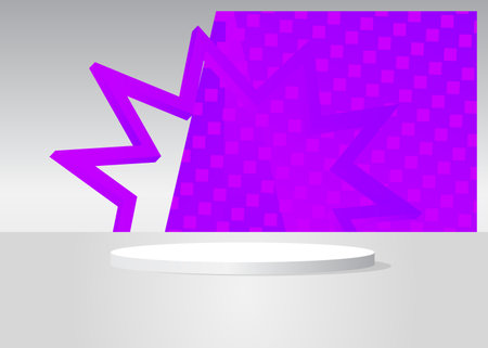 Futuristic White and Purple Stage showcase, cylinder pedestal podium. Sci-fi minimal abstract vector 3D room. Mockup product display geometric forms, empty scene for presentation.のイラスト素材