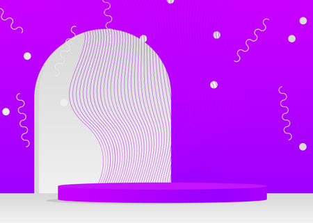 Futuristic White and Purple Stage showcase, cylinder pedestal podium. Sci-fi minimal abstract vector 3D room. Mockup product display geometric forms, empty scene for presentation.のイラスト素材