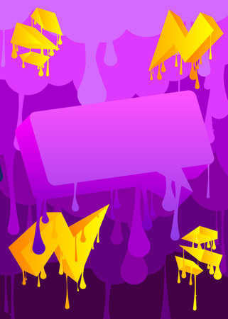 Purple and Yellow Graffiti Speech Bubble Background. Abstract modern street art banner decoration performed in urban painting style.のイラスト素材