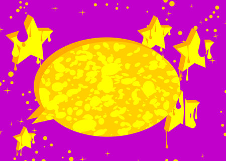 Purple and Yellow Graffiti Speech Bubble Background. Abstract modern street art banner decoration performed in urban painting style.のイラスト素材