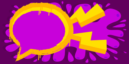 Purple and Yellow Graffiti Speech Bubble Background. Abstract modern street art banner decoration performed in urban painting style.のイラスト素材