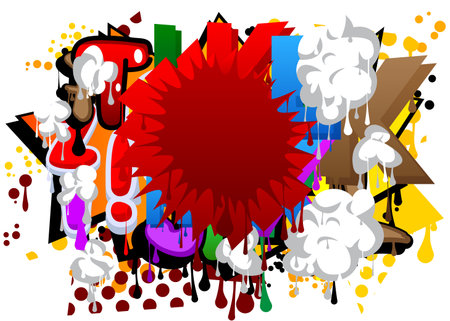 Red Speech Bubble Graffiti on multicolored Background. Abstract colorful modern dirty street art decoration performed in urban painting style.のイラスト素材