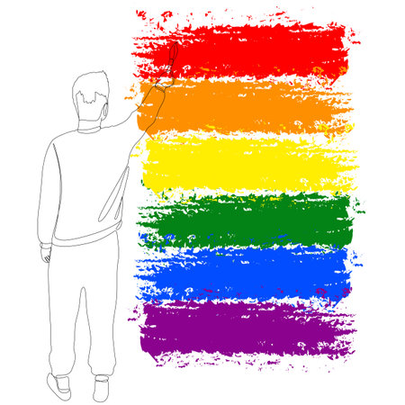 One continuous line of man painting the colors of the Rainbow Flag with paint brush in his hand. Thin Line Illustration vector concept. Contour Drawing Creative ideas.のイラスト素材