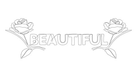 One continuous line of Beautiful word with rose flowers. Thin Line Illustration vector concept. Contour Drawing Creative ideas.のイラスト素材