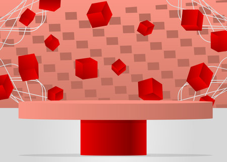 Light red, red and white cylinder pedestal podium. Abstract stage showcase. Mockup product display for presentation. minimal vector geometric forms, empty room scene.のイラスト素材