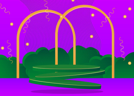 Green, Purple and Gold product display podium. Abstract cylinder pedestal mockup. Stage showcase for presentation. Minimal geometric forms, empty scene.のイラスト素材
